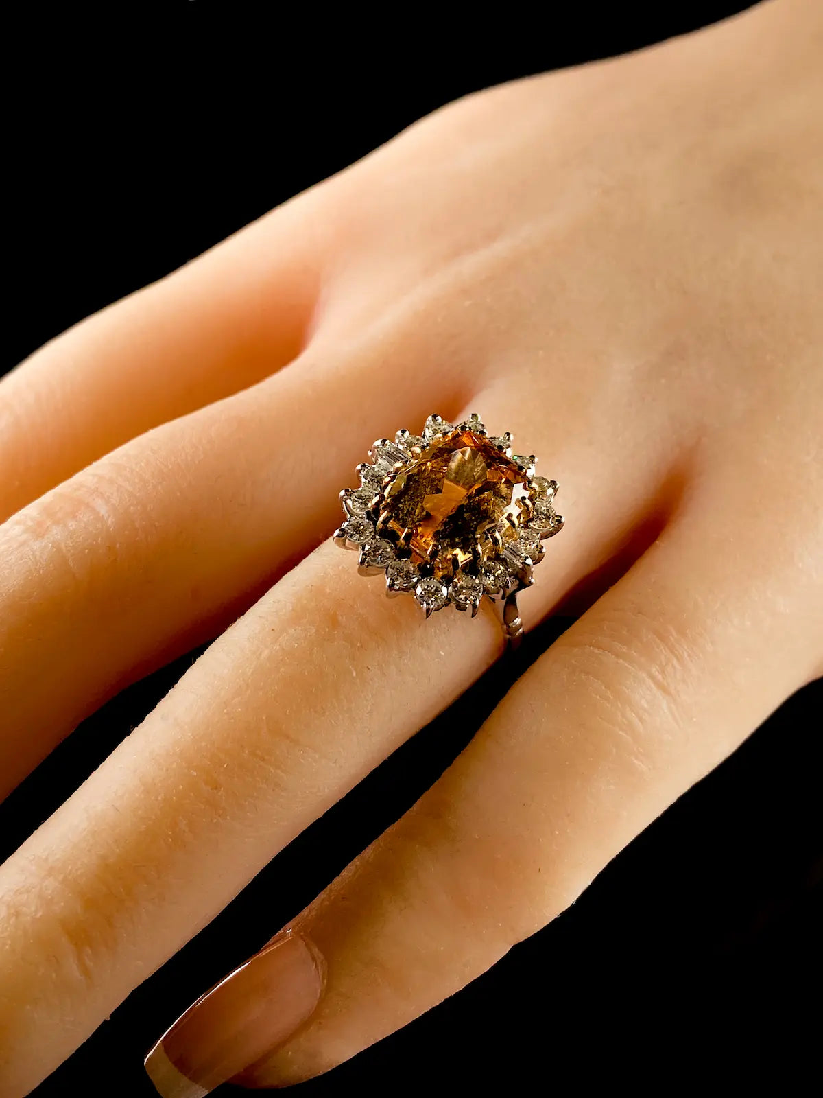 Vintage 18ct Gold 5.64ct Yellow Topaz and Diamond Cluster Ring