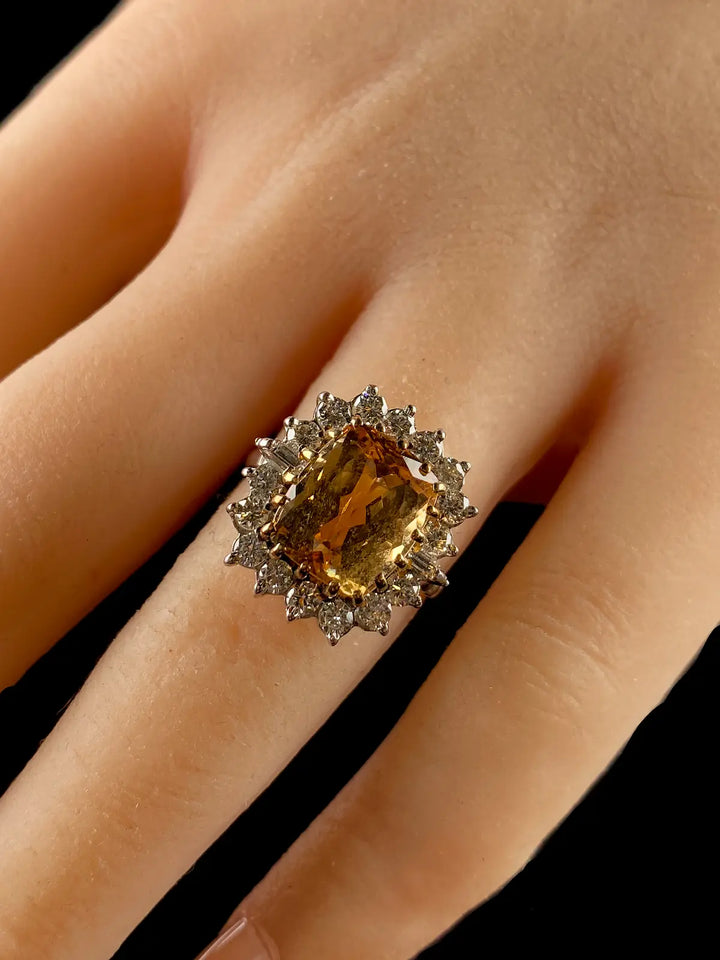 Vintage 18ct Gold 5.64ct Yellow Topaz and Diamond Cluster Ring
