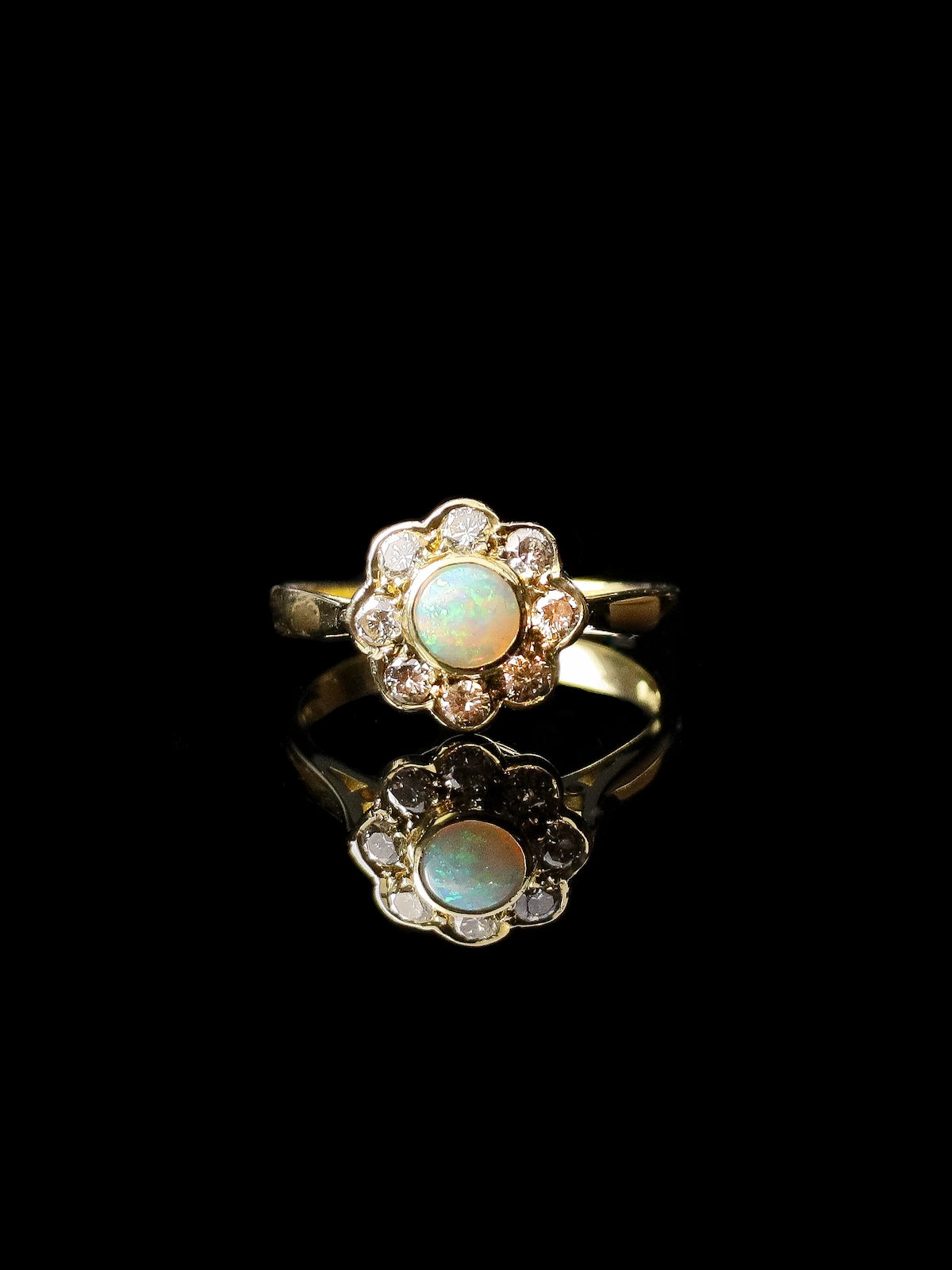 18ct Yellow Gold Bezel-Set Opal and Diamond Daisy Cluster Ring