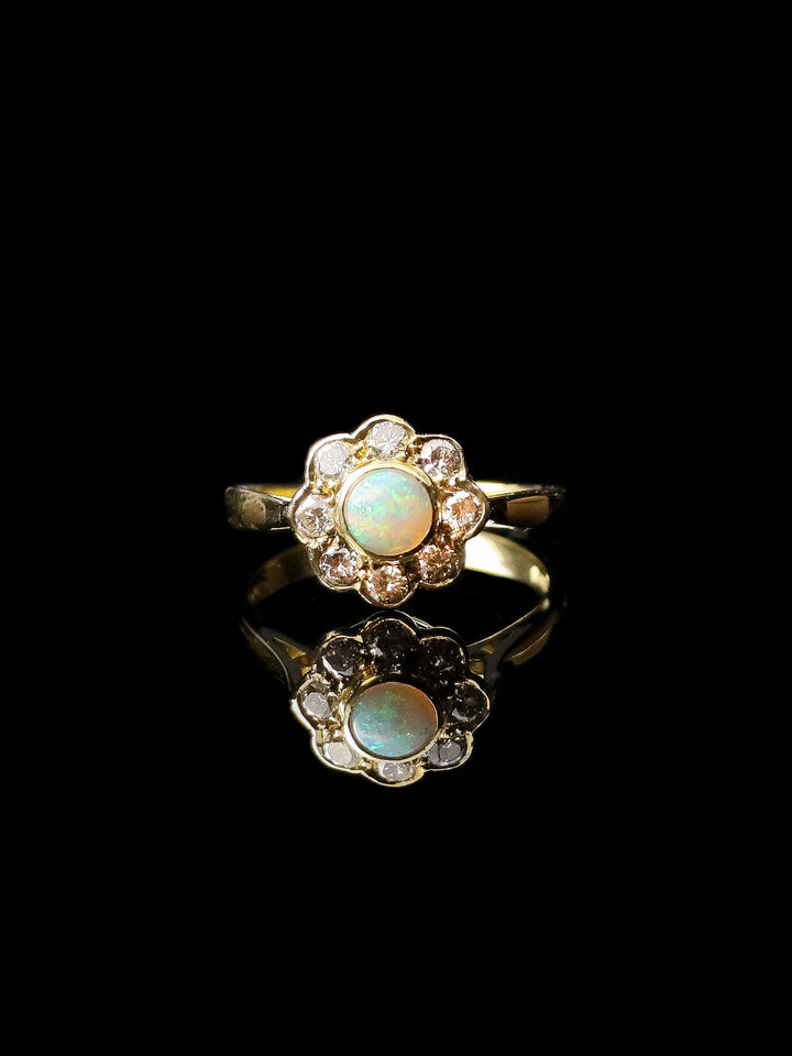 18ct Yellow Gold Bezel-Set Opal and Diamond Daisy Cluster Ring
