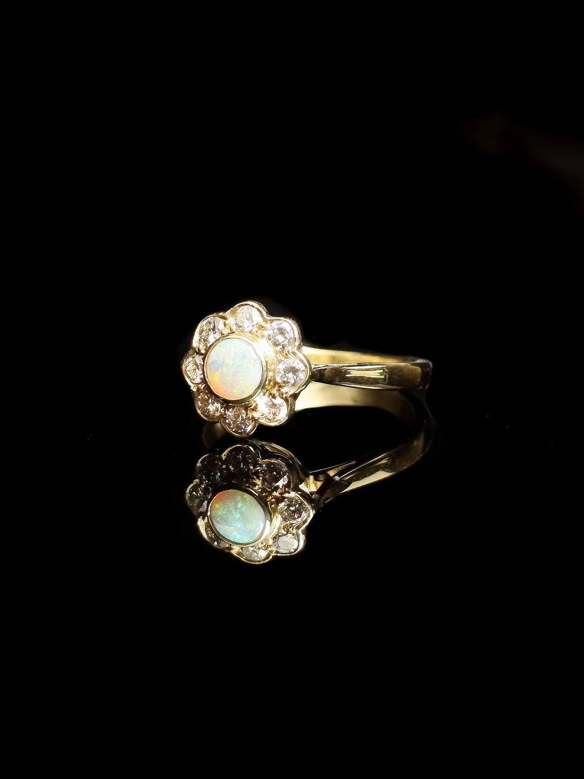 18ct Yellow Gold Bezel-Set Opal and Diamond Daisy Cluster Ring