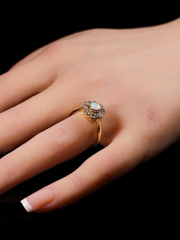 18ct Yellow Gold Bezel-Set Opal and Diamond Daisy Cluster Ring