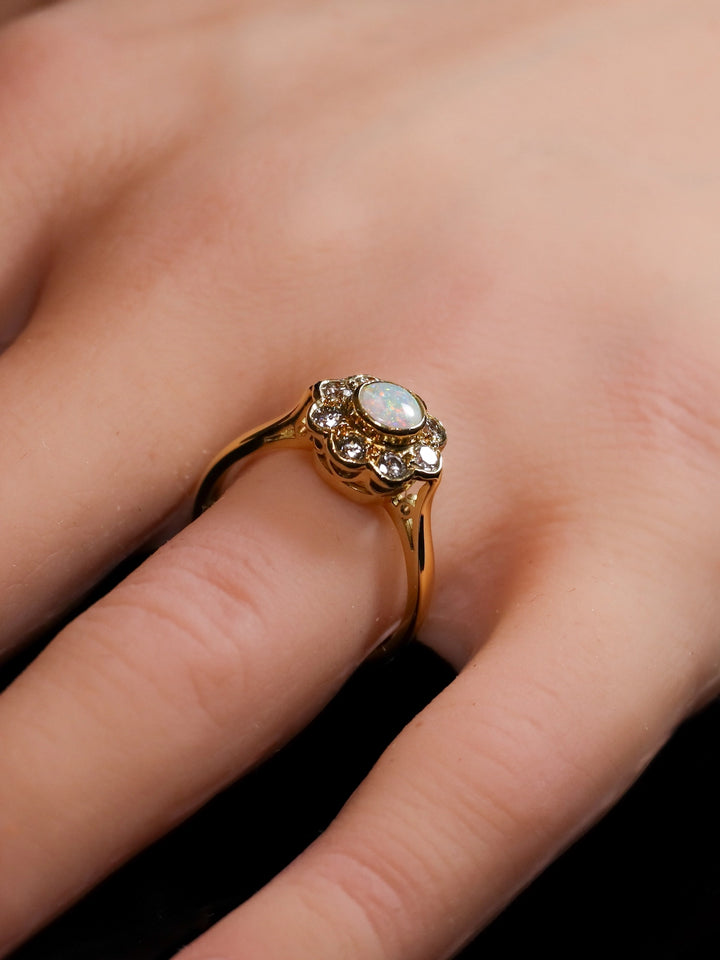 18ct Yellow Gold Bezel-Set Opal and Diamond Daisy Cluster Ring