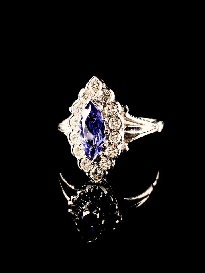 18ct Gold Marquise Cut 0.50ct Tanzanite and 0.70ct Diamond Cluster Ring
