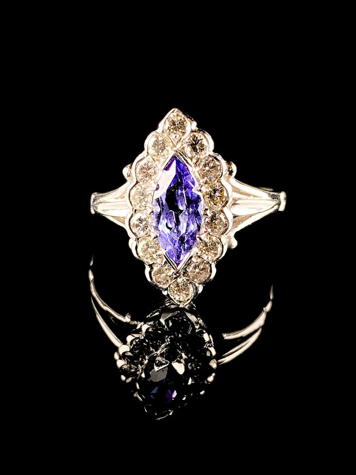 18ct Gold Marquise Cut 0.50ct Tanzanite and 0.70ct Diamond Cluster Ring