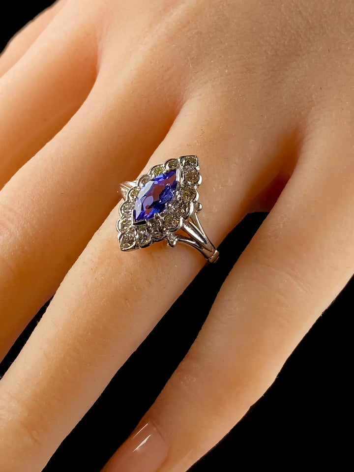 18ct Gold Marquise Cut 0.50ct Tanzanite and 0.70ct Diamond Cluster Ring