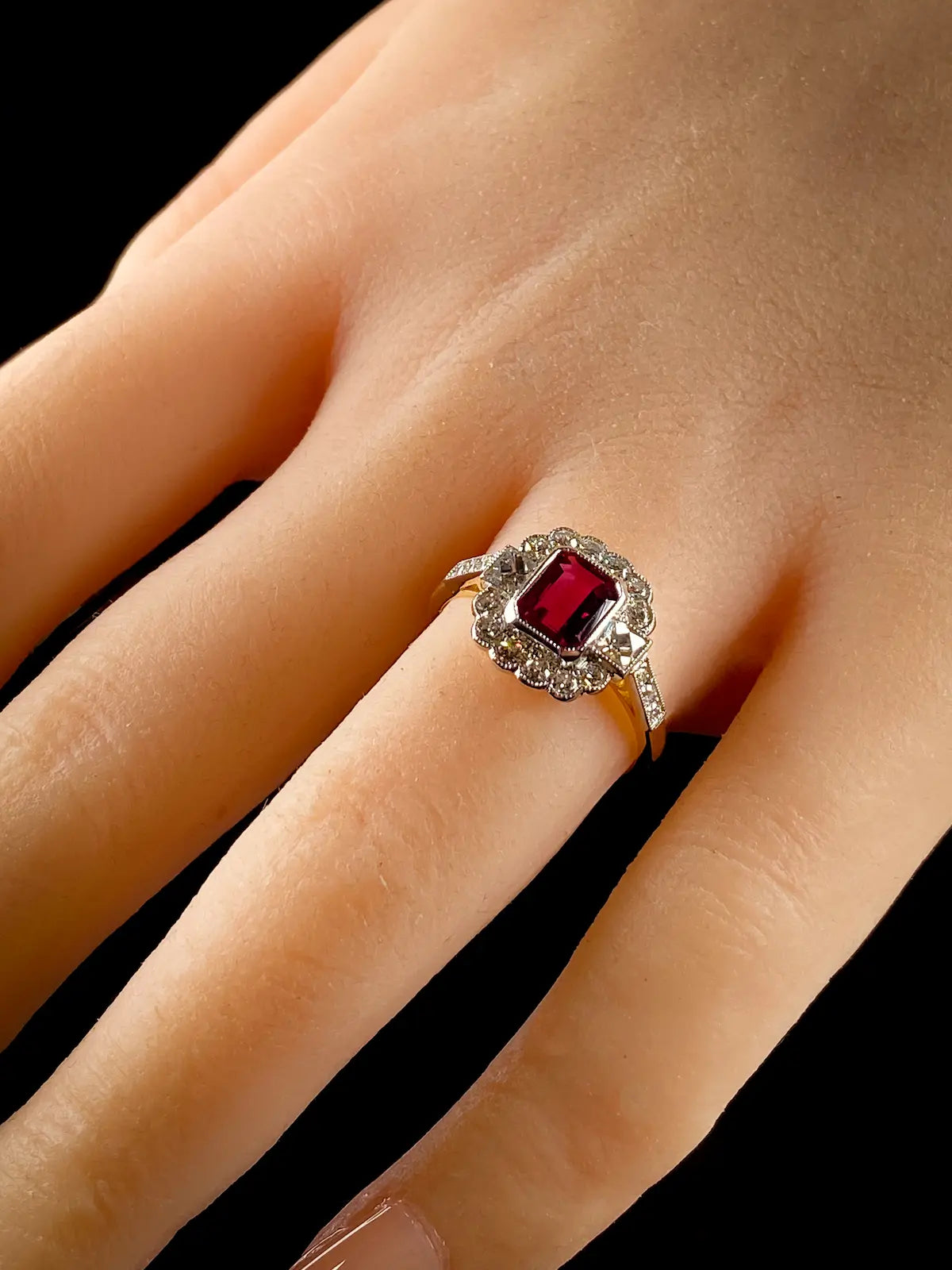 Art Deco Style 18ct Gold and Platinum 0.88ct Ruby and Diamond  Ring