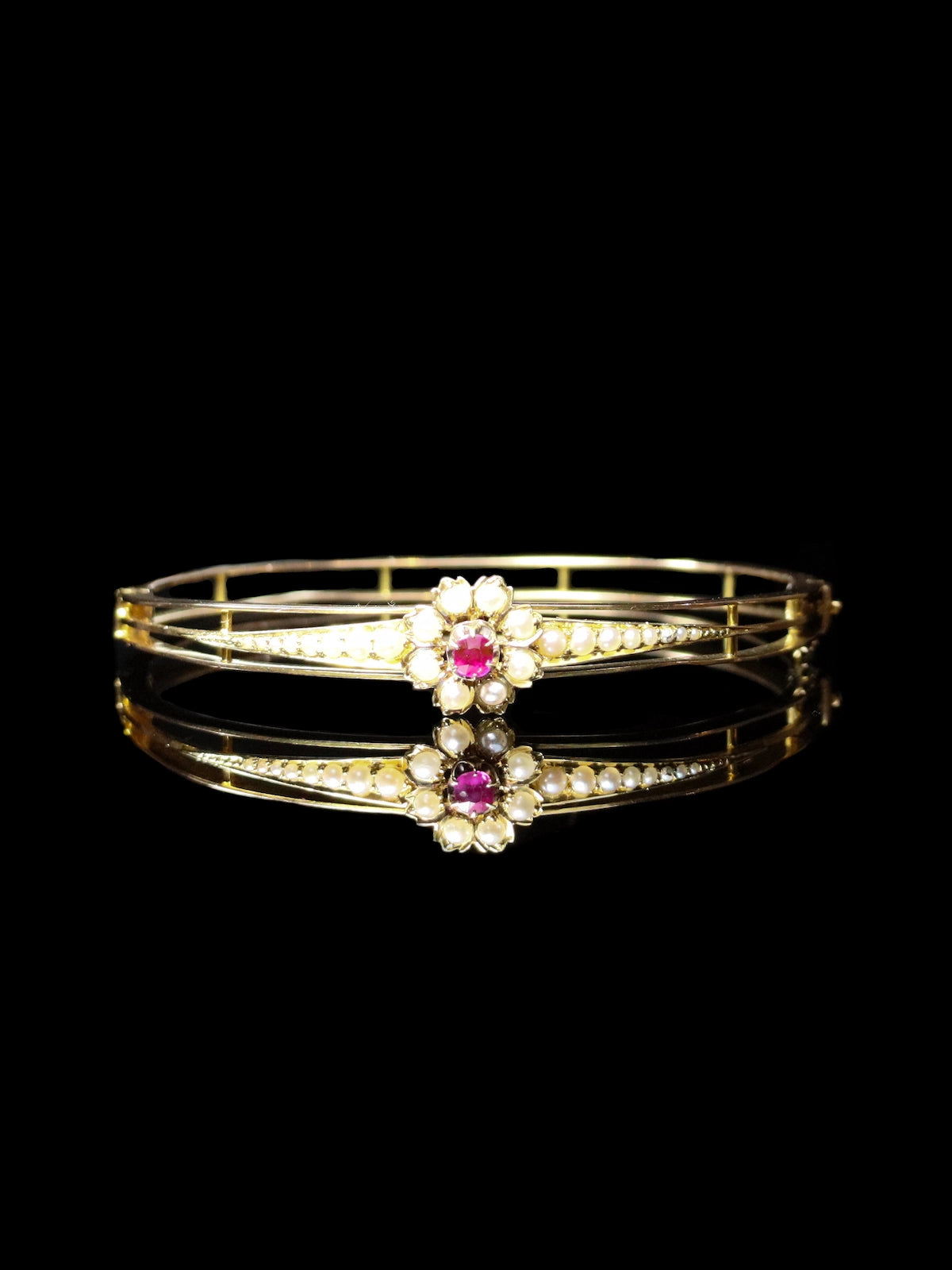 Antique 15ct Yellow Gold Ruby and Pearl Cluster Hinged Bangle