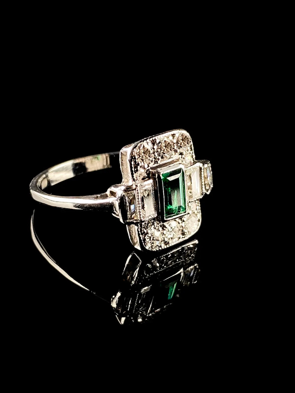 Art Deco Platinum 0.50ct Emerald and 0.50ct Diamond Ring, Circa 1925