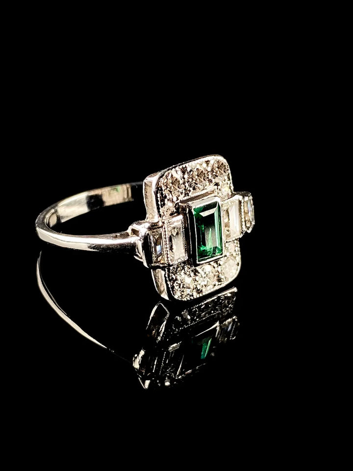 Art Deco Platinum 0.50ct Emerald and 0.50ct Diamond Ring, Circa 1925