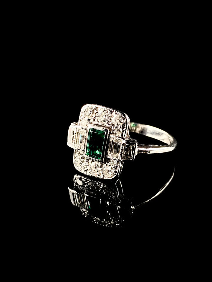 Art Deco Platinum 0.50ct Emerald and 0.50ct Diamond Ring, Circa 1925