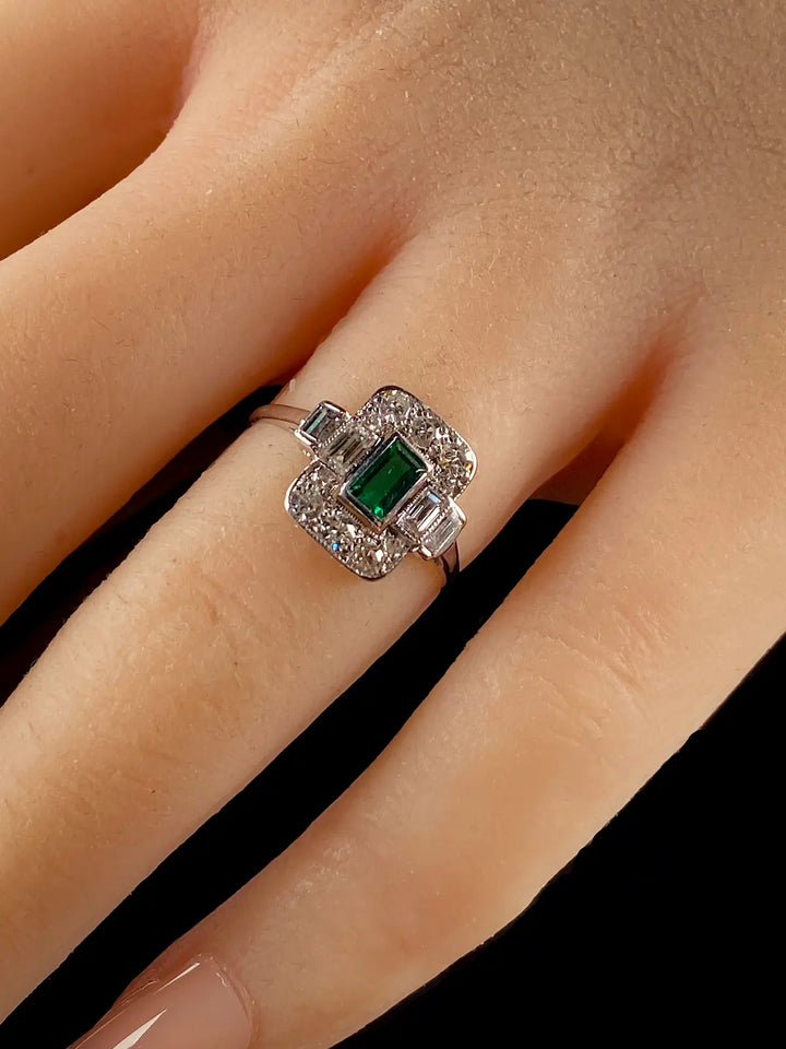 Art Deco Platinum 0.50ct Emerald and 0.50ct Diamond Ring, Circa 1925