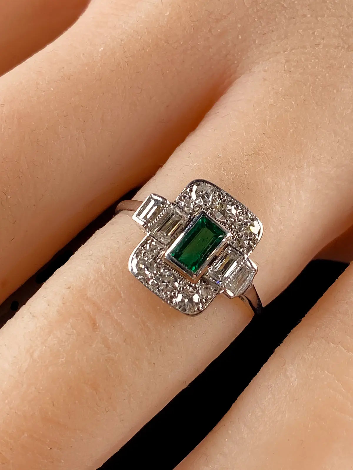 Art Deco Platinum 0.50ct Emerald and 0.50ct Diamond Ring, Circa 1925