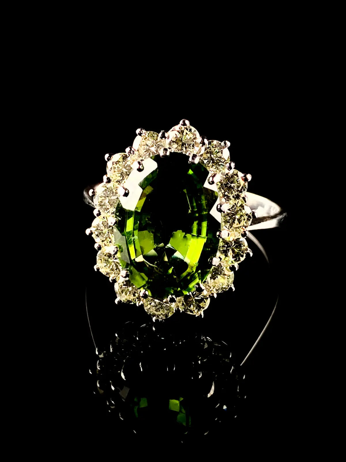 18ct White Gold Green 3.69ct Tourmaline and 1.34ct Diamond Cluster Ring