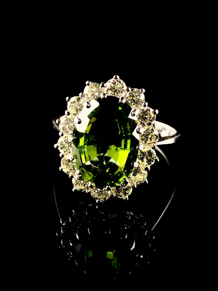 18ct White Gold Green 3.69ct Tourmaline and 1.34ct Diamond Cluster Ring