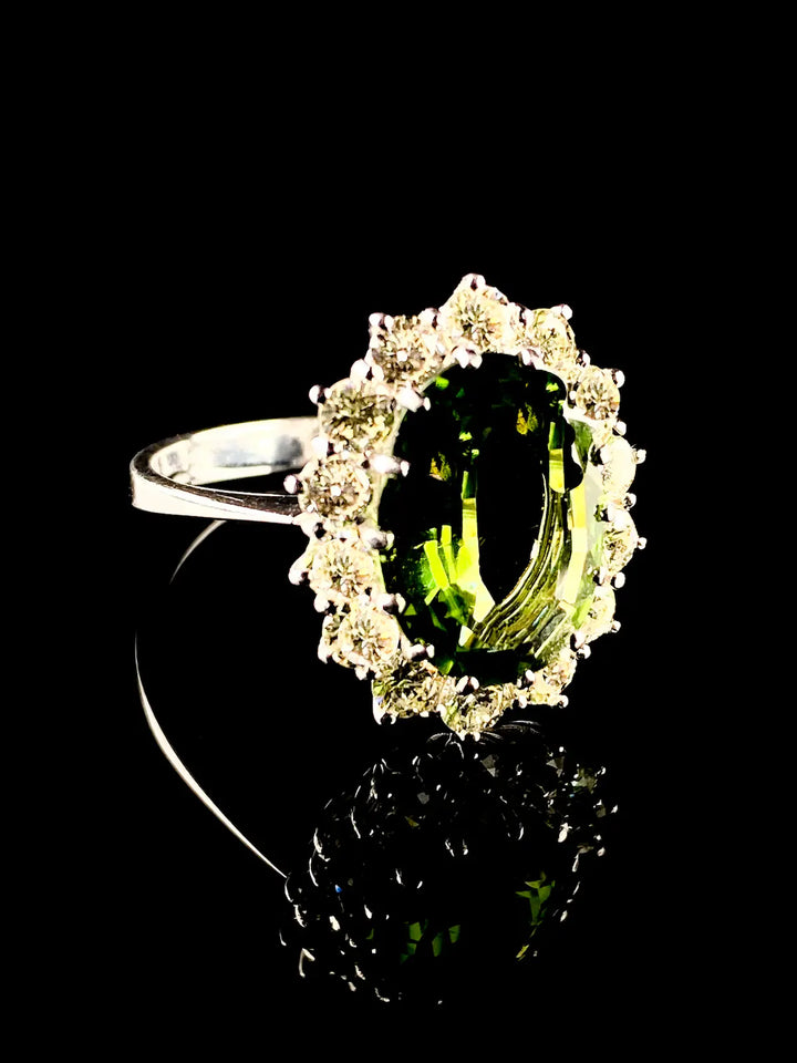 18ct White Gold Green 3.69ct Tourmaline and 1.34ct Diamond Cluster Ring