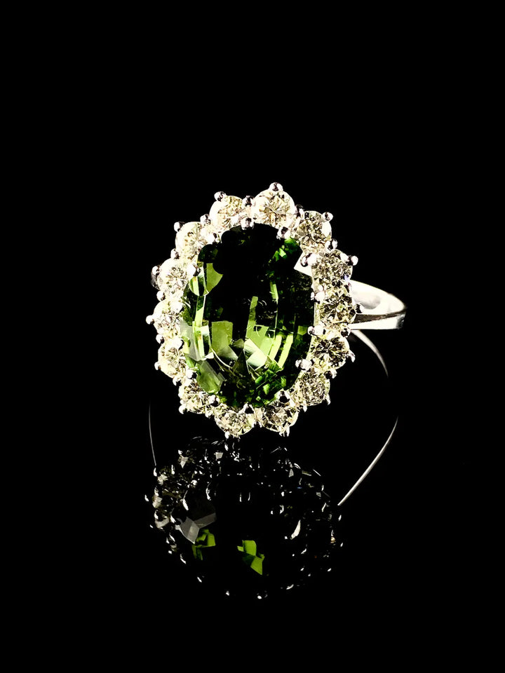 18ct White Gold Green 3.69ct Tourmaline and 1.34ct Diamond Cluster Ring