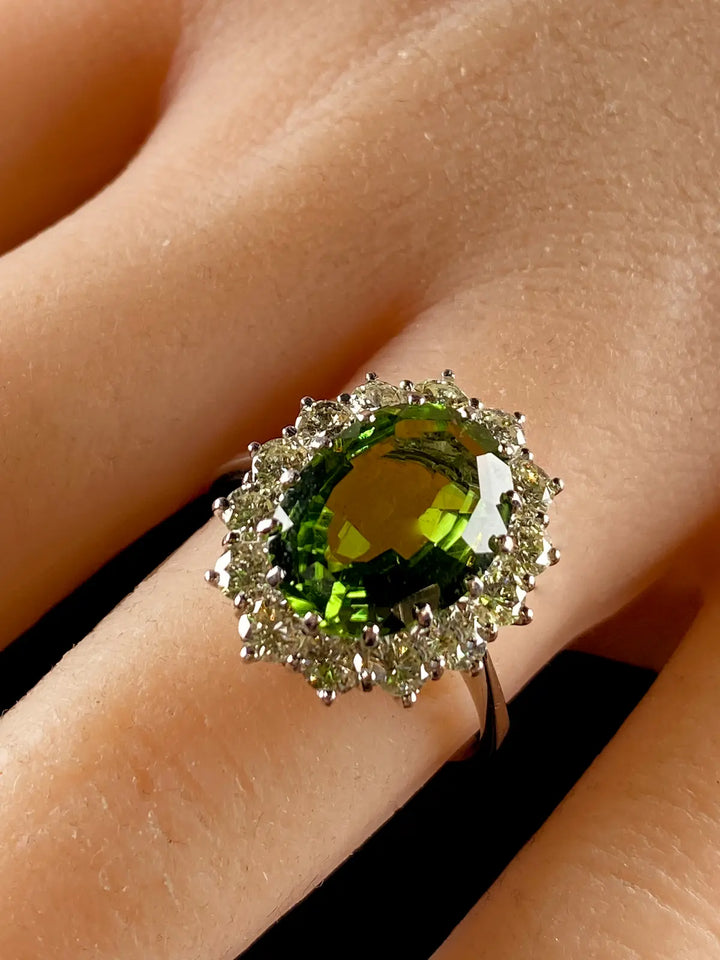 18ct White Gold Green 3.69ct Tourmaline and 1.34ct Diamond Cluster Ring