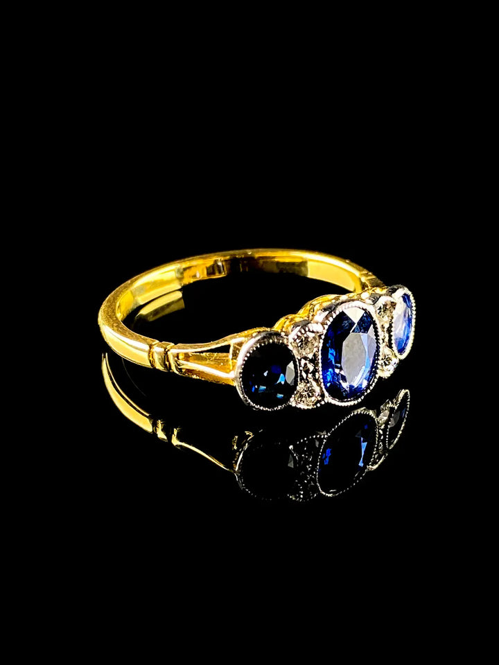 Art Deco Style 18ct Gold and Platinum Seven Stone 1.63ct Sapphire and Diamond Ring