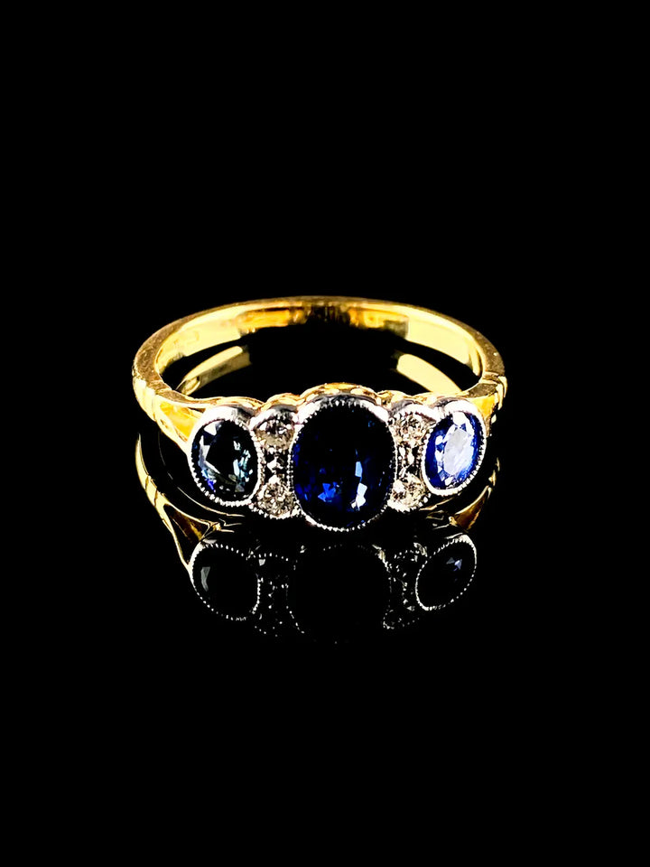 Art Deco Style 18ct Gold and Platinum Seven Stone 1.63ct Sapphire and Diamond Ring