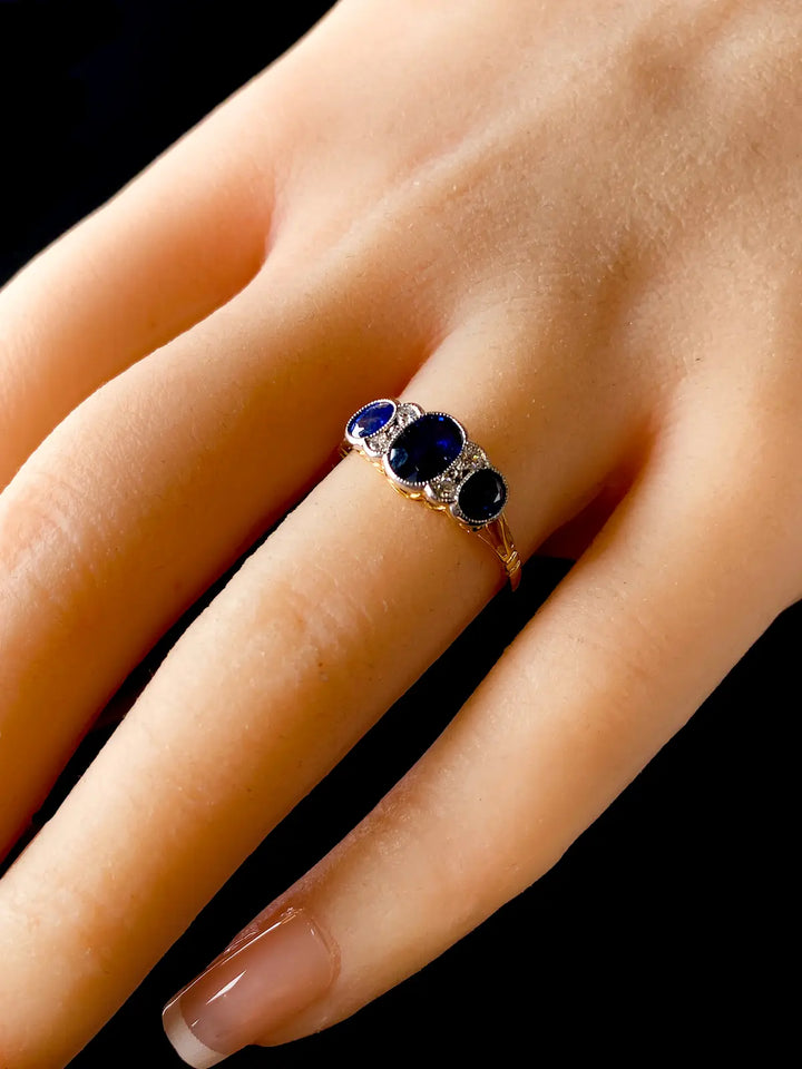 Art Deco Style 18ct Gold and Platinum Seven Stone 1.63ct Sapphire and Diamond Ring