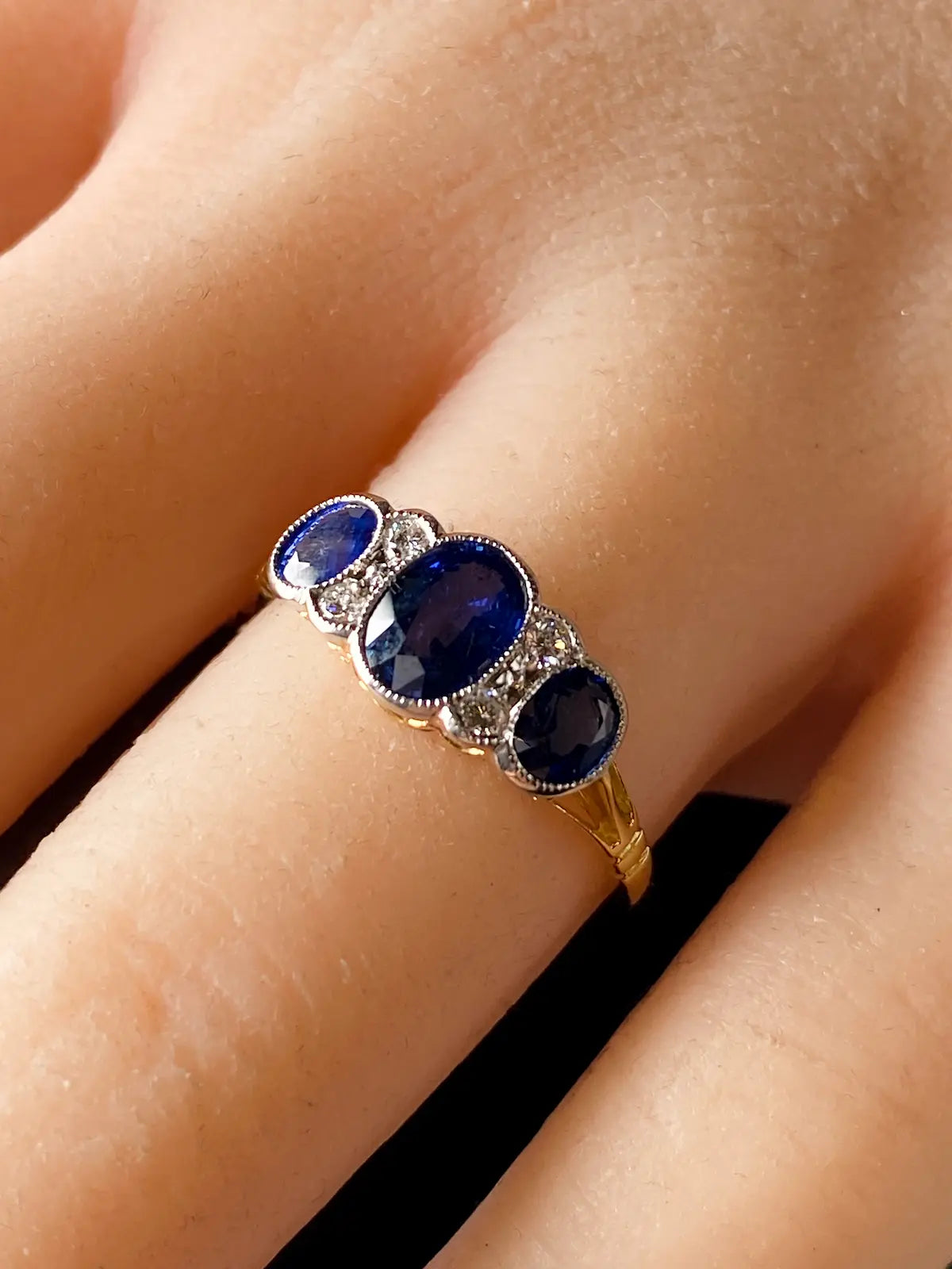 Art Deco Style 18ct Gold and Platinum Seven Stone 1.63ct Sapphire and Diamond Ring