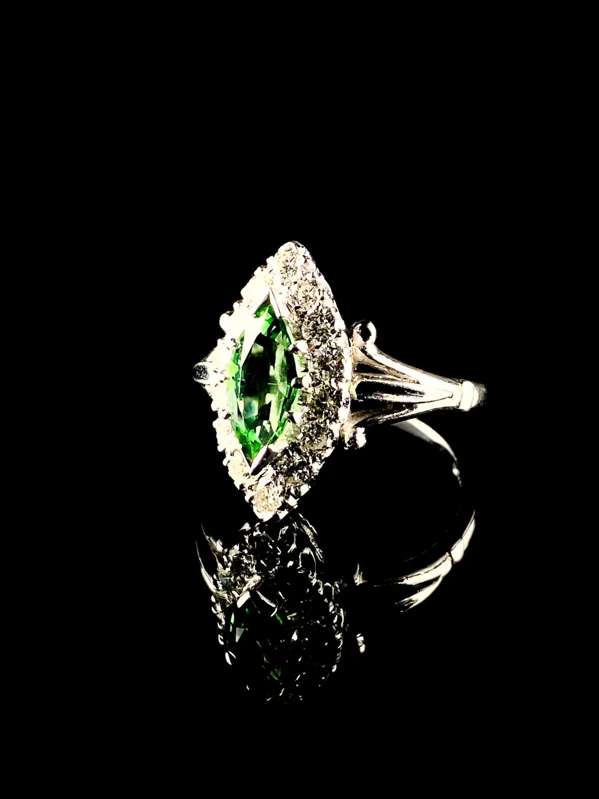 18ct White Gold Marquise cut 0.50ct Green Tourmaline and Diamond Cluster Ring