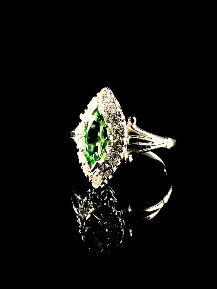 18ct White Gold Marquise cut 0.50ct Green Tourmaline and Diamond Cluster Ring