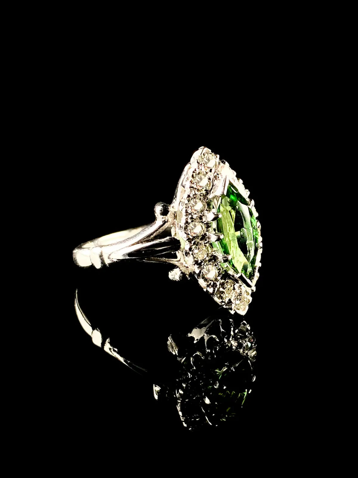 18ct White Gold Marquise cut 0.50ct Green Tourmaline and Diamond Cluster Ring