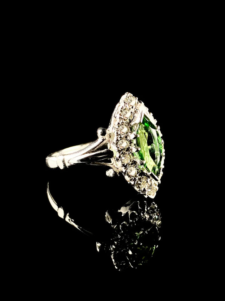 18ct White Gold Marquise cut 0.50ct Green Tourmaline and Diamond Cluster Ring