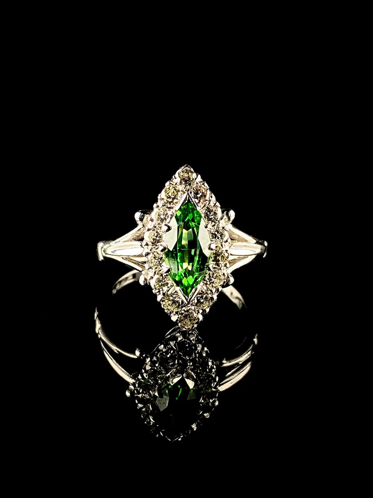 18ct White Gold Marquise cut 0.50ct Green Tourmaline and Diamond Cluster Ring