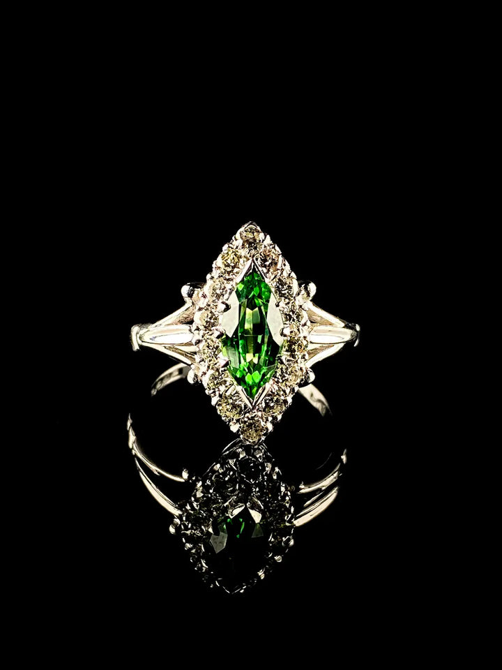 18ct White Gold Marquise cut 0.50ct Green Tourmaline and Diamond Cluster Ring