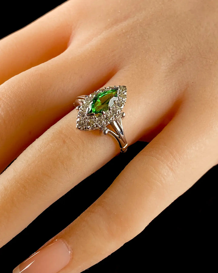 18ct White Gold Marquise cut 0.50ct Green Tourmaline and Diamond Cluster Ring