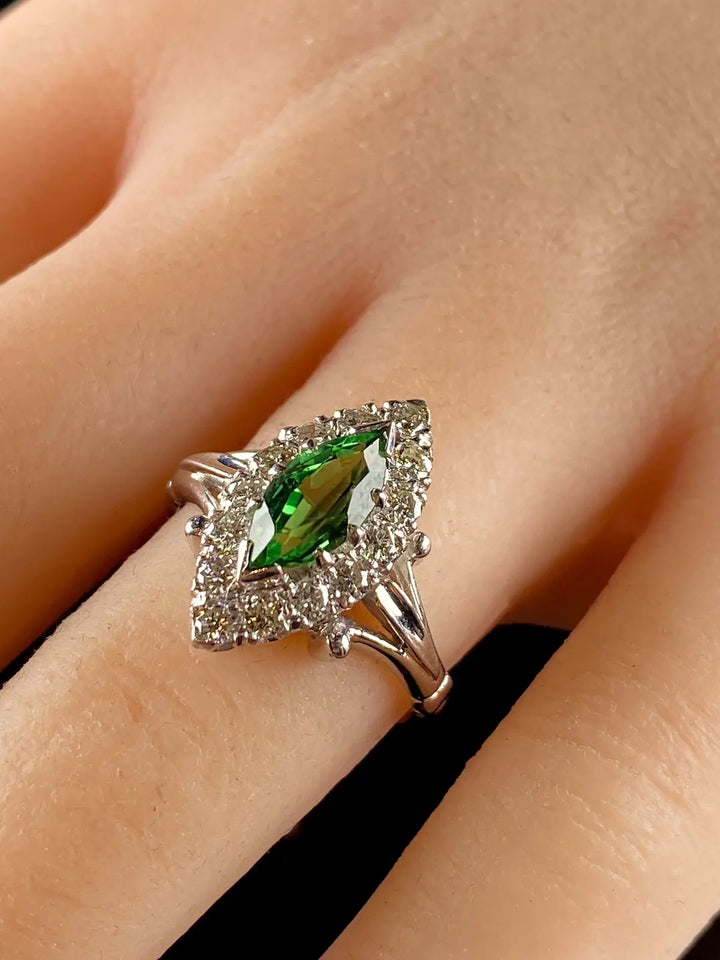 18ct White Gold Marquise cut 0.50ct Green Tourmaline and Diamond Cluster Ring