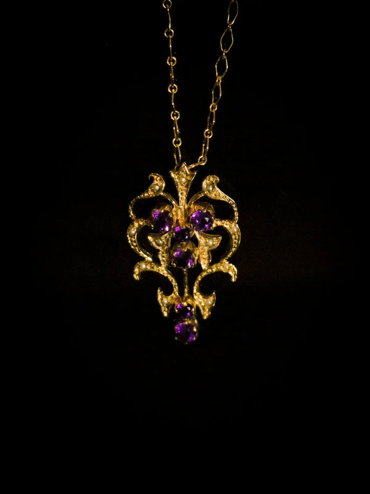 9ct Yellow Gold Amethyst and Pearl Pendant