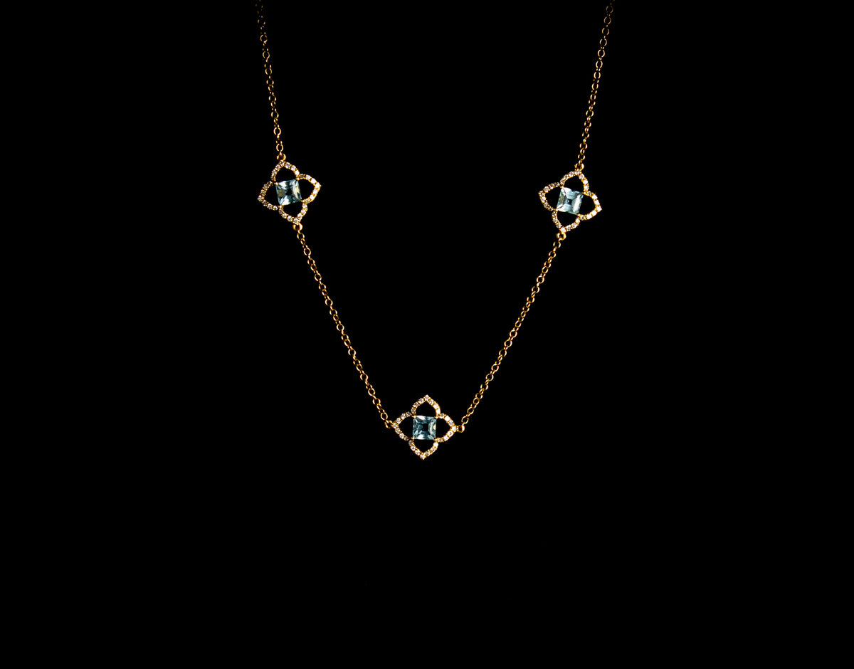 18ct Yellow Gold Aquamarine and Diamond Necklet
