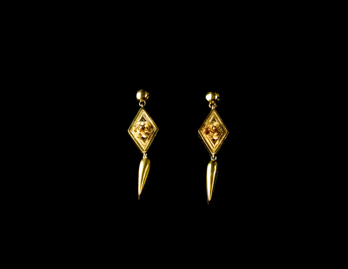 Vintage 9ct Yellow Gold Diamond Shaped Drop Earrings With Floral and Torpedo Detailing
