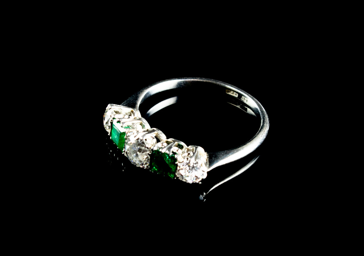 Platinum Five Stone Emerald and Old Cut Diamond Ring, Circa 1930