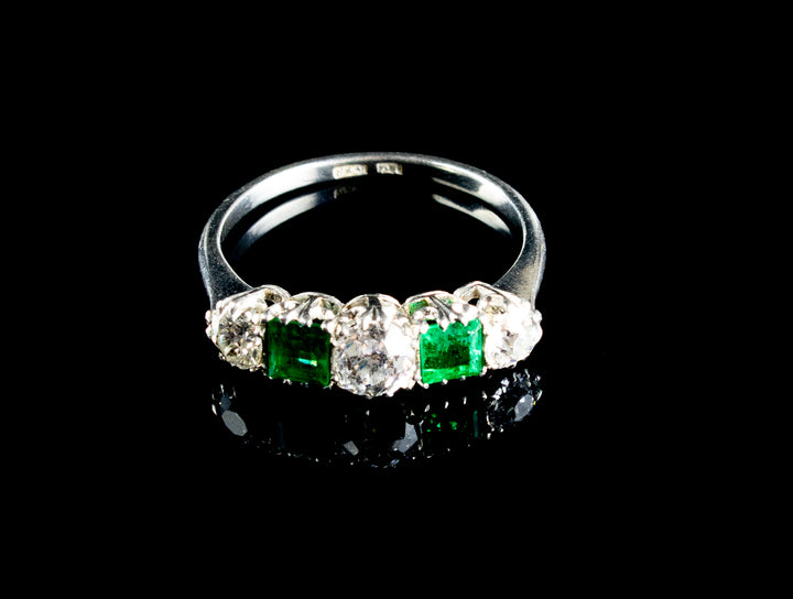Platinum Five Stone Emerald and Old Cut Diamond Ring, Circa 1930