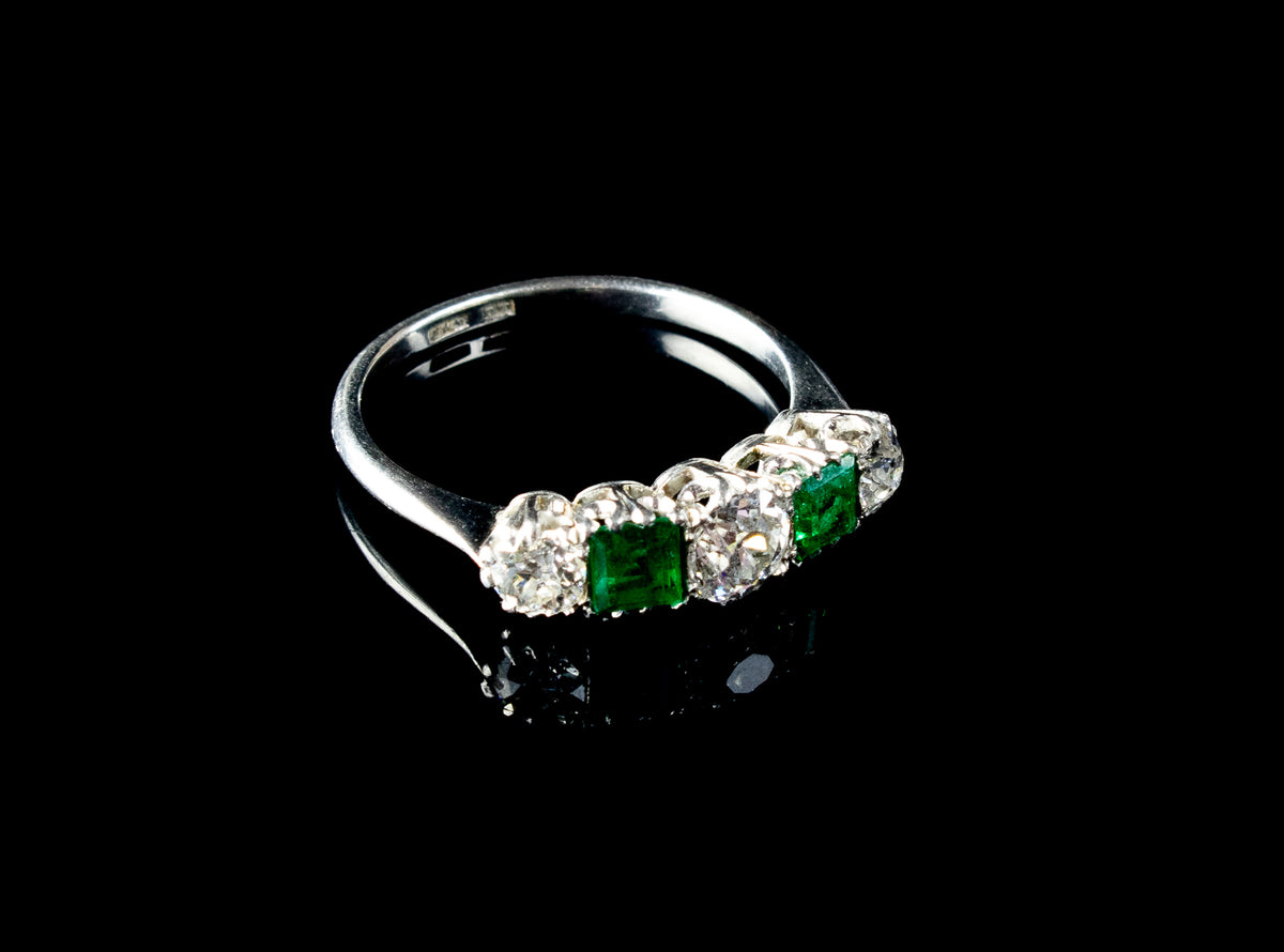 Platinum Five Stone Emerald and Old Cut Diamond Ring, Circa 1930