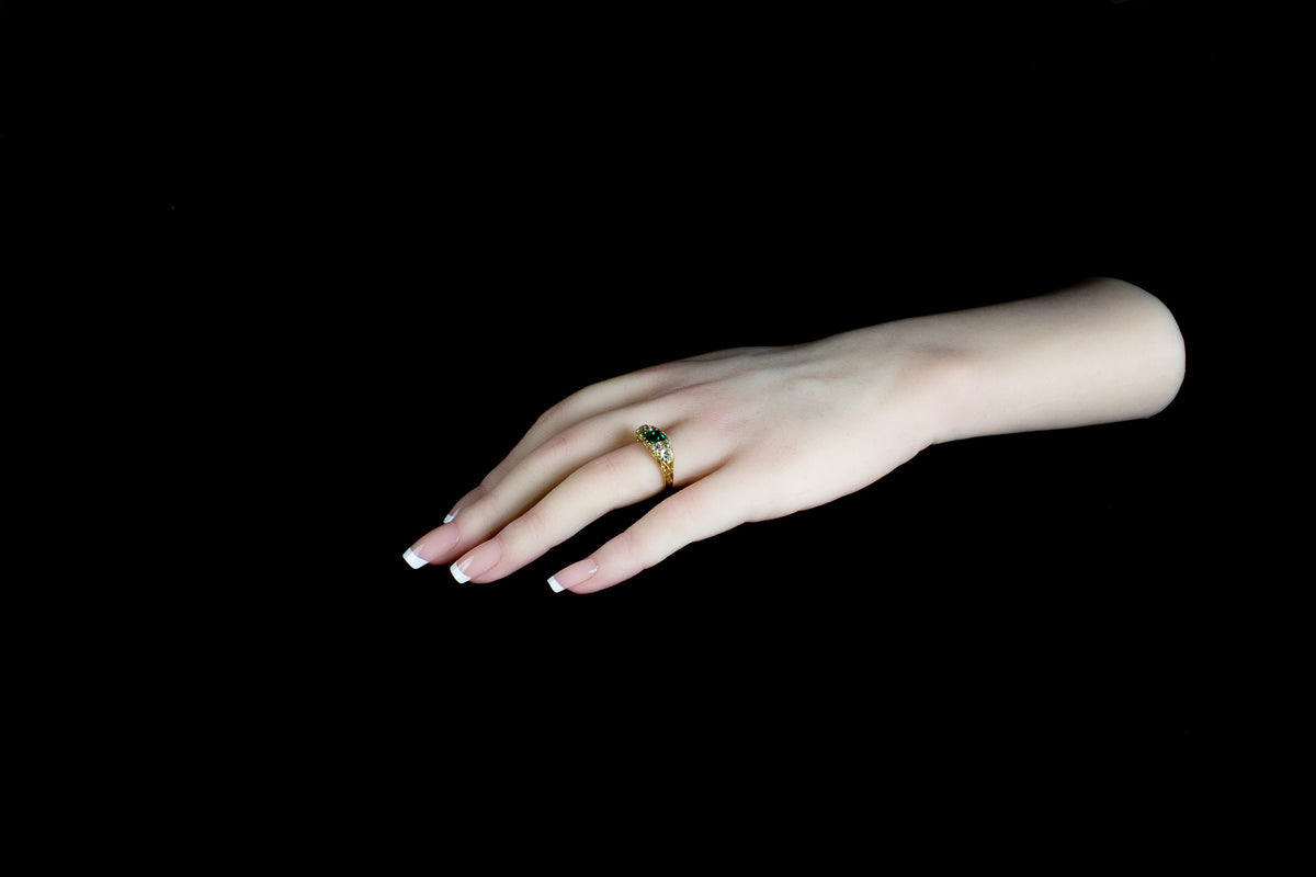 Antique Victorian 18ct Gold Seven Stone Emerald and Diamond Ring, London 1890