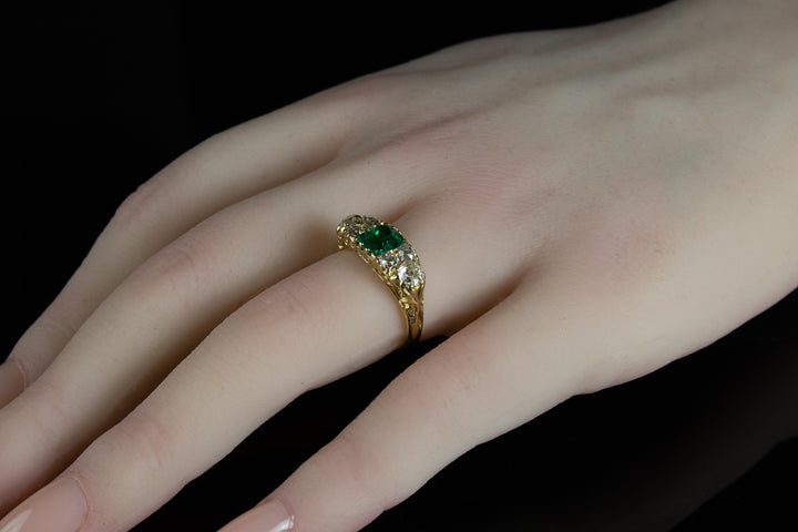 Antique Victorian 18ct Gold Seven Stone Emerald and Diamond Ring, London 1890