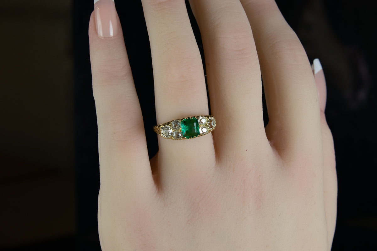 Antique Victorian 18ct Gold Seven Stone Emerald and Diamond Ring, London 1890