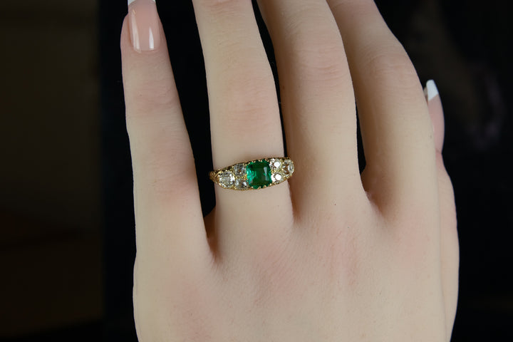 Antique Victorian 18ct Gold Seven Stone Emerald and Diamond Ring, London 1890