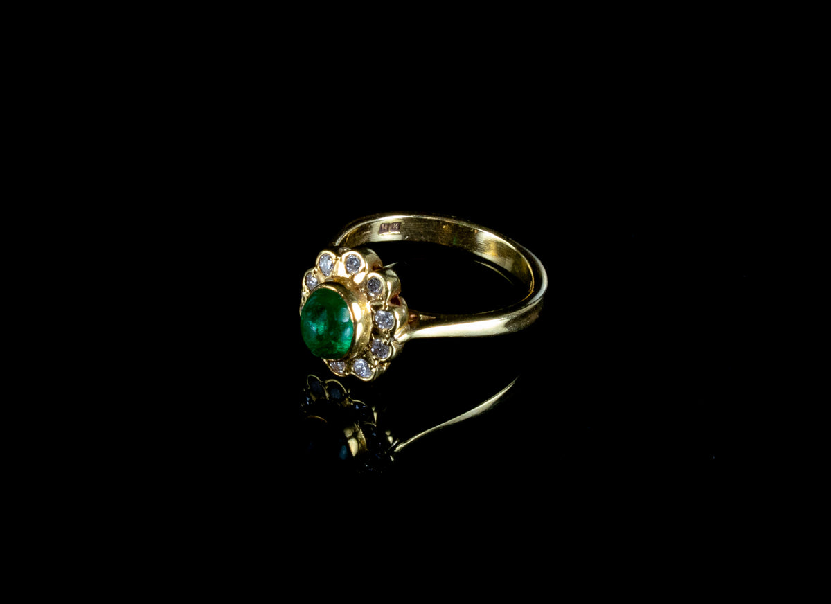 18ct Gold Cabochon Cut 0.50ct Emerald and Diamond Cluster Ring