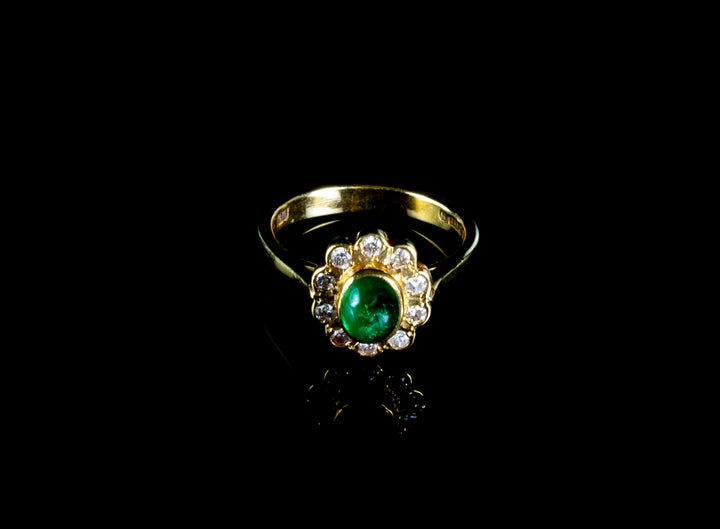 18ct Gold Cabochon Cut 0.50ct Emerald and Diamond Cluster Ring