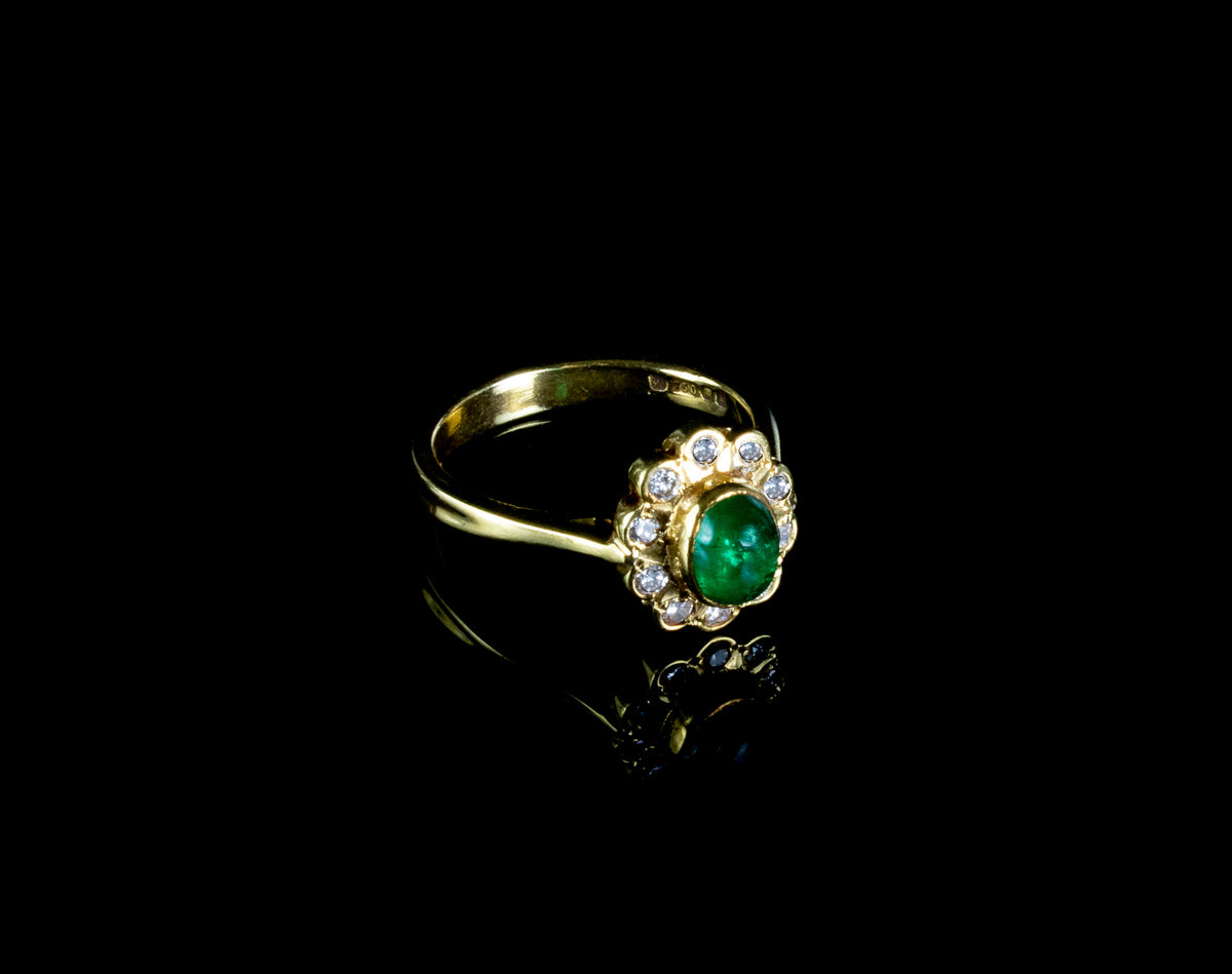 18ct Gold Cabochon Cut 0.50ct Emerald and Diamond Cluster Ring