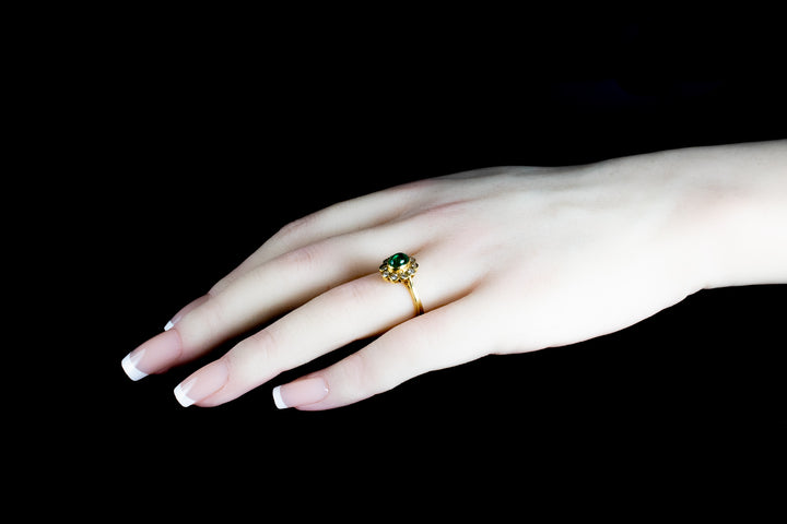 18ct Gold Cabochon Cut 0.50ct Emerald and Diamond Cluster Ring