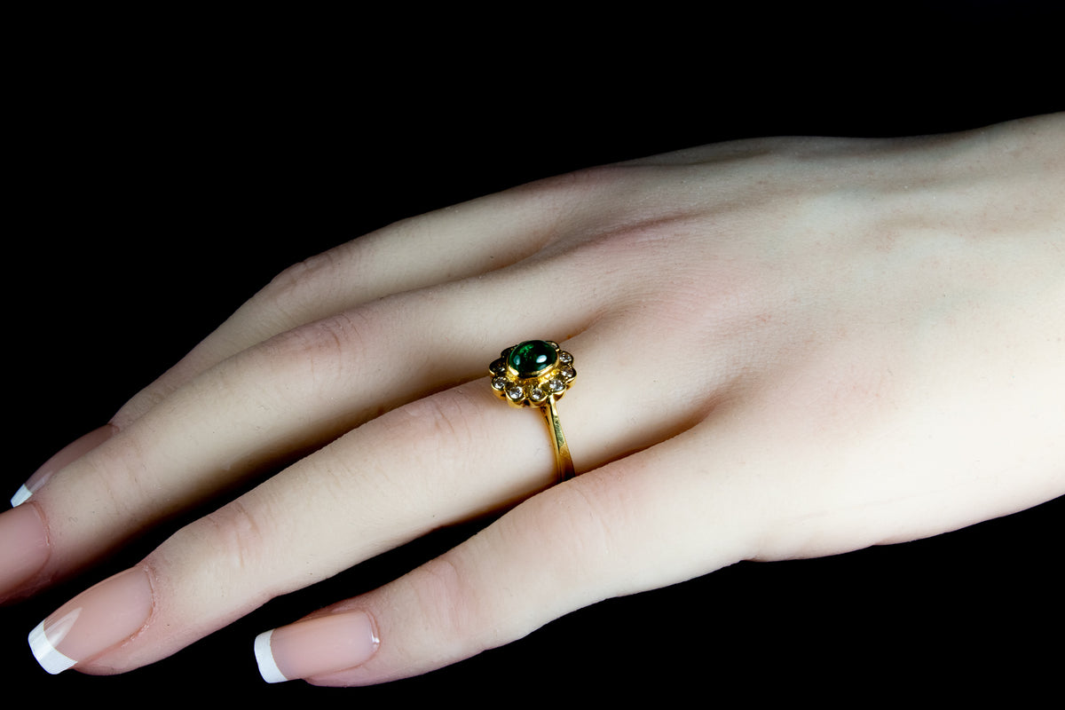 18ct Gold Cabochon Cut 0.50ct Emerald and Diamond Cluster Ring