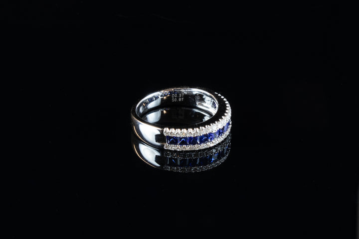 18ct White Gold Three Row Sapphire and 0.91ct Diamond Half Eternity Ring